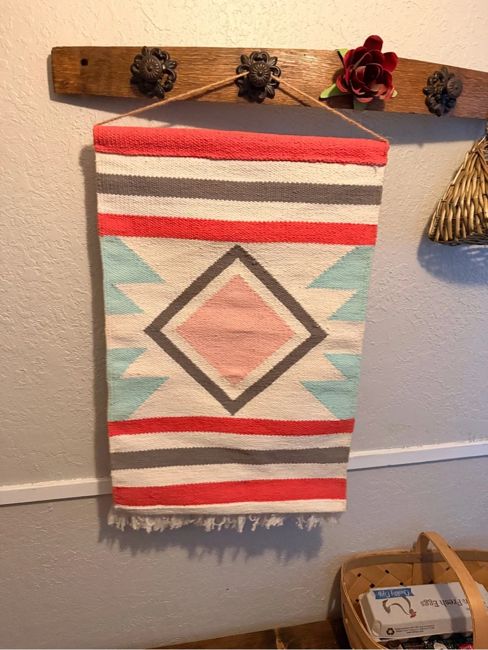 Handwoven Coral & Mint Geometric Wall Hanging